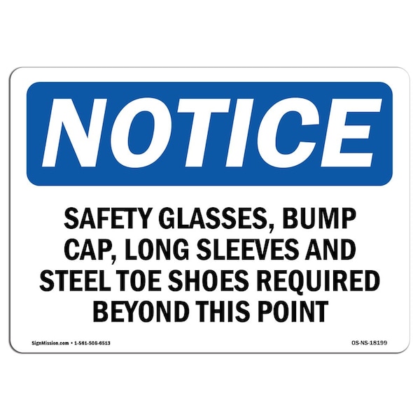 OSHA Sign, Safety Glasses Bump Cap Long Sleeves And, 14in X 10in Aluminum, 14" W, 10" H, Landscape